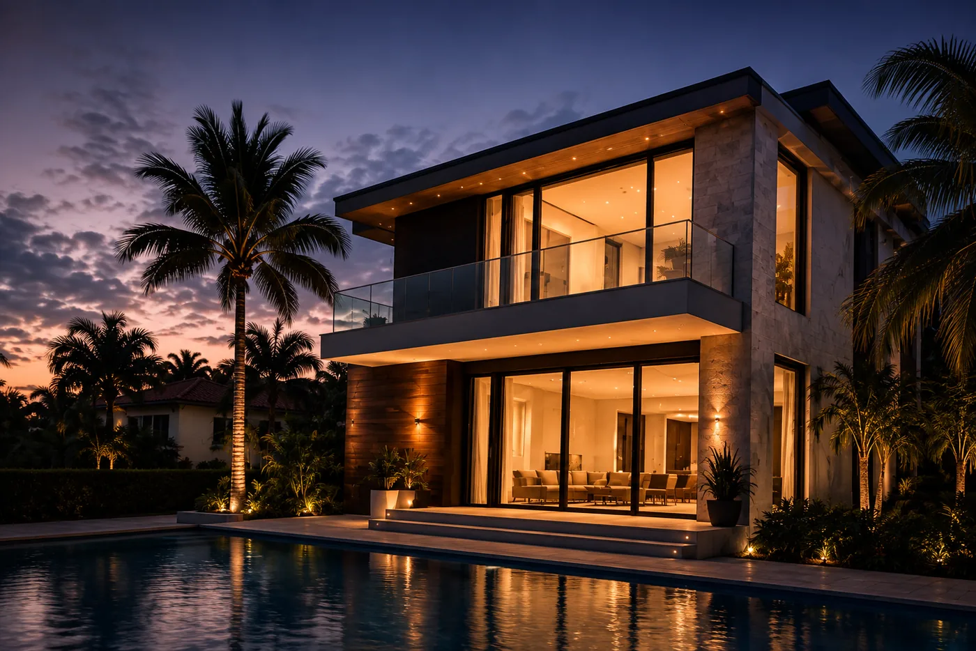 A finished house at dusk, lit from within, seen across the pool