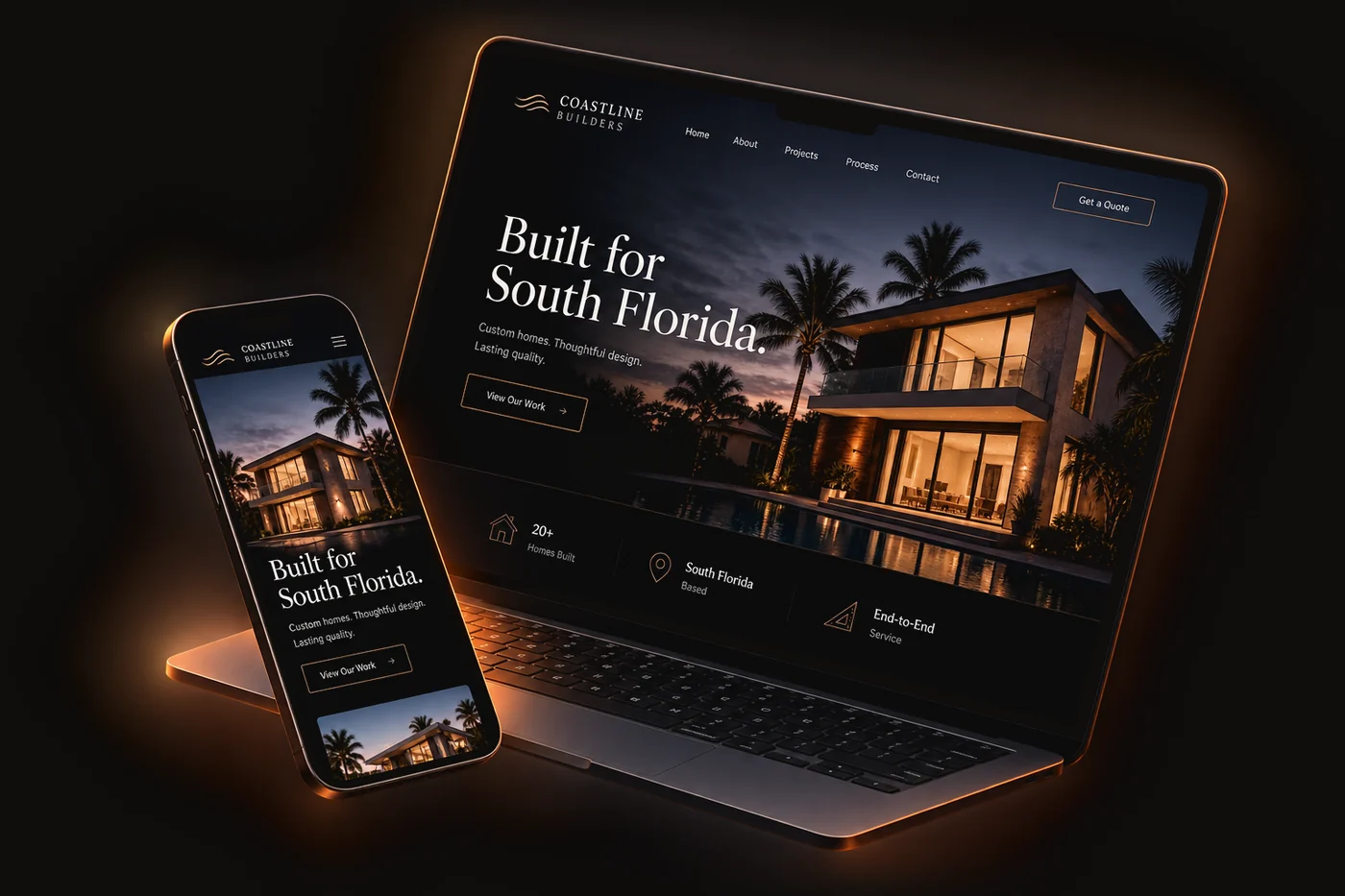 A laptop and a phone showing the Coastline Builders website. Opens the demo in a new tab.